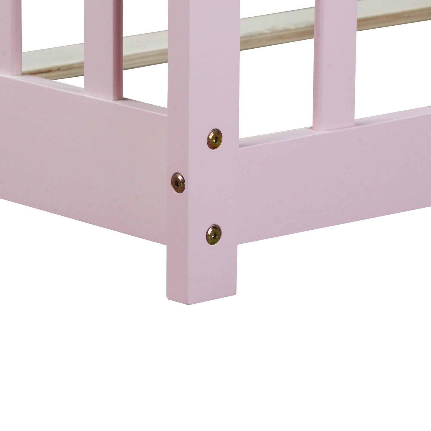 Twin Size Floor Bed with Fence and Door,Rubber Wood Floor Bed with Safety Guardrails,Pink image 6