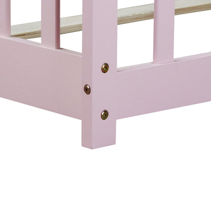 Twin Size Floor Bed with Fence and Door,Rubber Wood Floor Bed with Safety Guardrails,Pink image 6