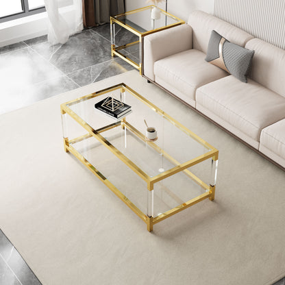 Modern Acrylic Leg Coffee Table, Double Layer Tempered Glass Top with Golden Metal Frame, 47.2x23.6x17.7 Inch Living Room Furniture image 3