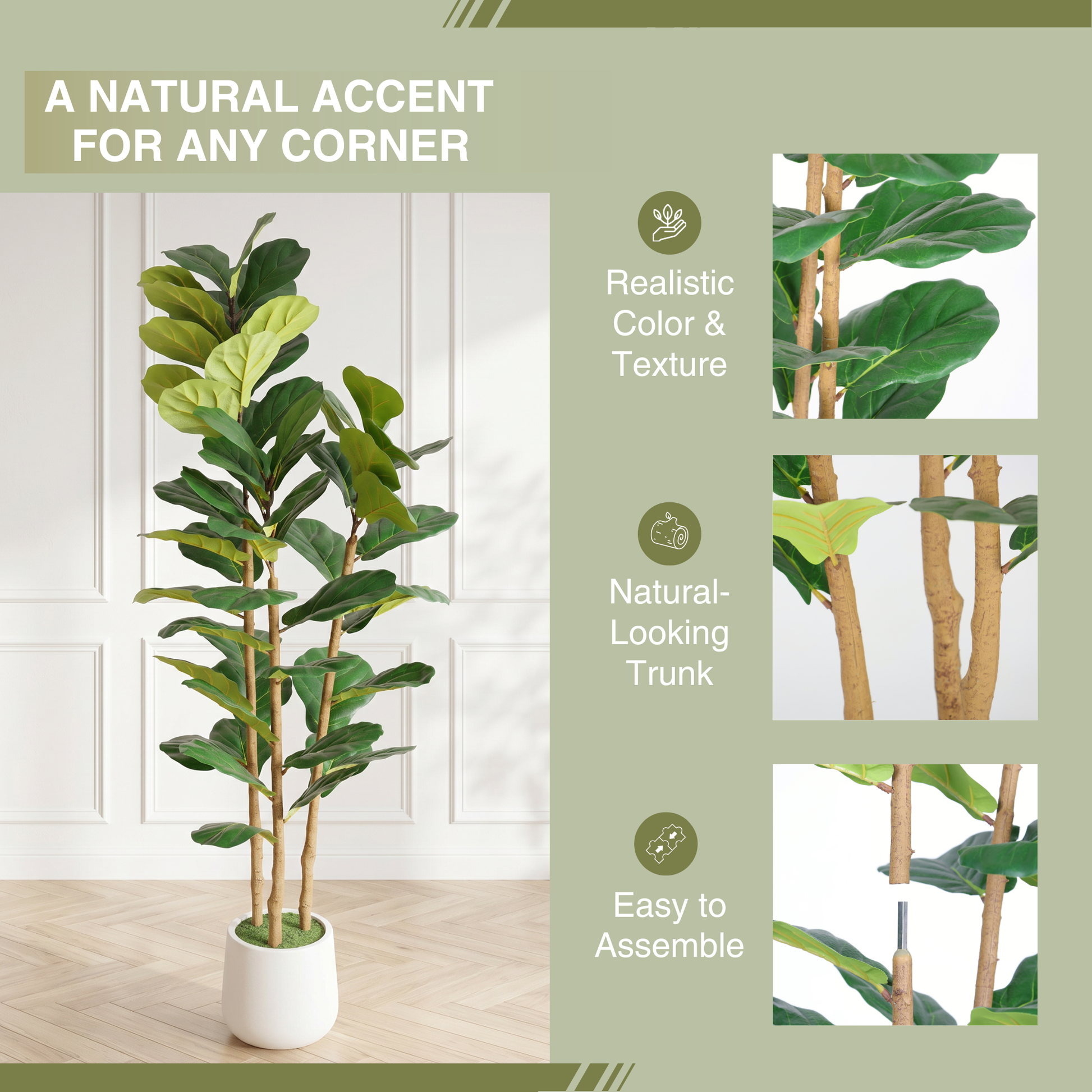 5.2FT Artificial Fiddle Leaf Fig Tree With Decorative White Pot, Real Touch Fake Indoor Plant for Home Office Living Room Corner Decoration, 1pc/set image 5