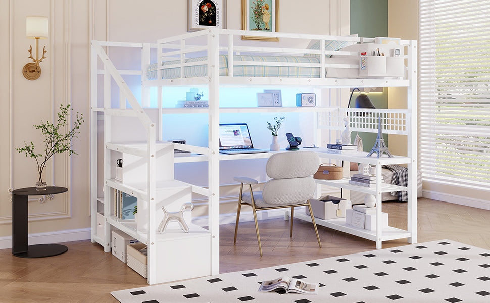 Full Size Loft Bed with Staircase and Wardrobe, Metal Loft Bed with Desk, Storage Shelves, LED Lights and Charge Station,White(Expect Arrival Date 2026/5/9 Old SKUW2593S00059) image 8