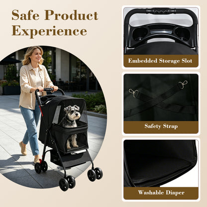 Foldable Pet Stroller for Small Dogs and Cats Under 28 lbs with Multi-Functional Tray, 2 Safety Leashes, Storage Basket & Breathable Mesh, 4 Wheels Pet Stroller, Black image 6