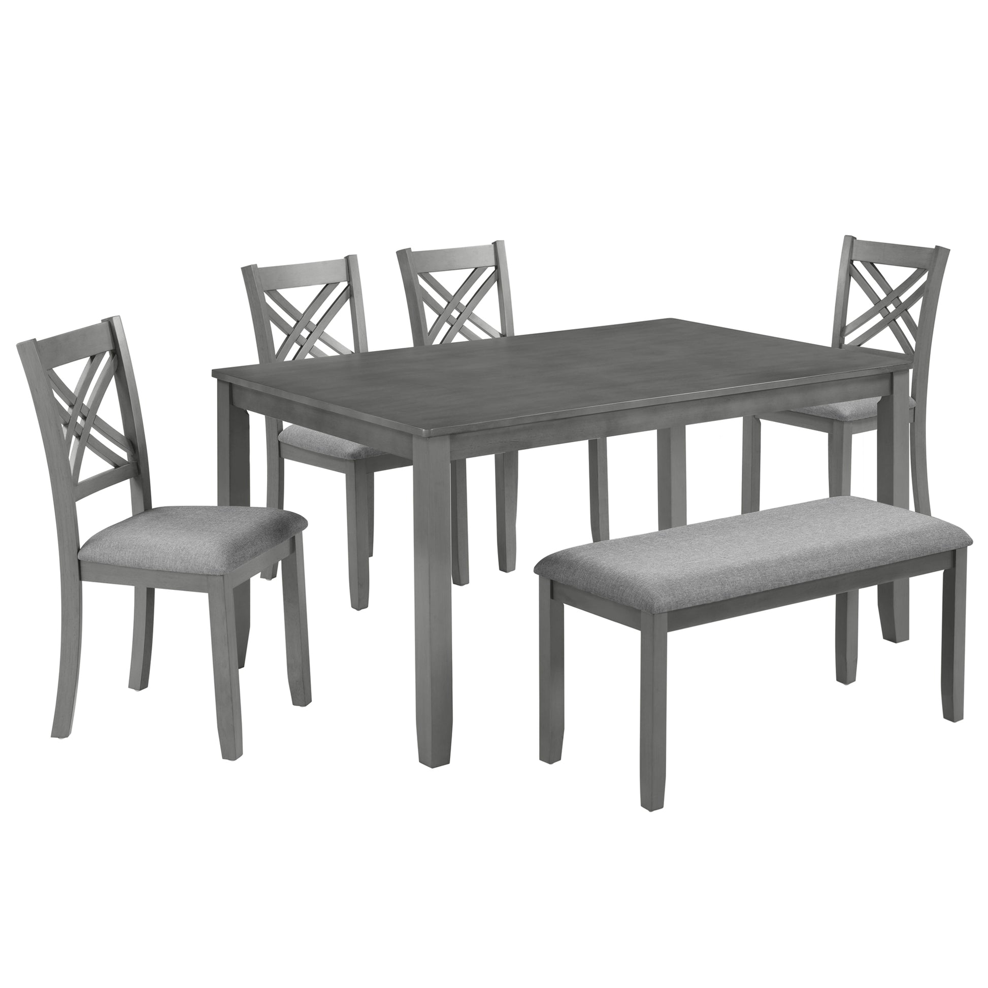 6 Piece Kitchen Dining Set, Rectangular Wooden Dining Table with 4 Upholstered Chairs and a Bench, Dining Table Set for 6 People, Living Room and Kitchen, Grey image 10