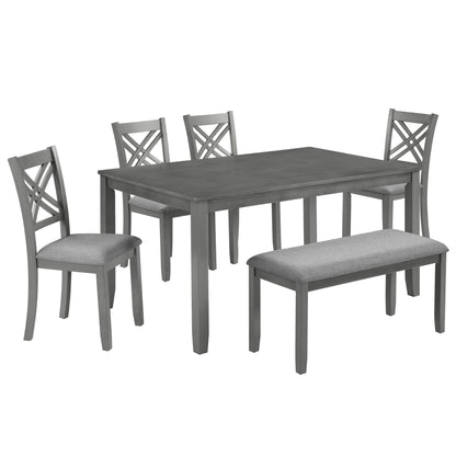 6 Piece Kitchen Dining Set, Rectangular Wooden Dining Table with 4 Upholstered Chairs and a Bench, Dining Table Set for 6 People, Living Room and Kitchen, Grey image 10