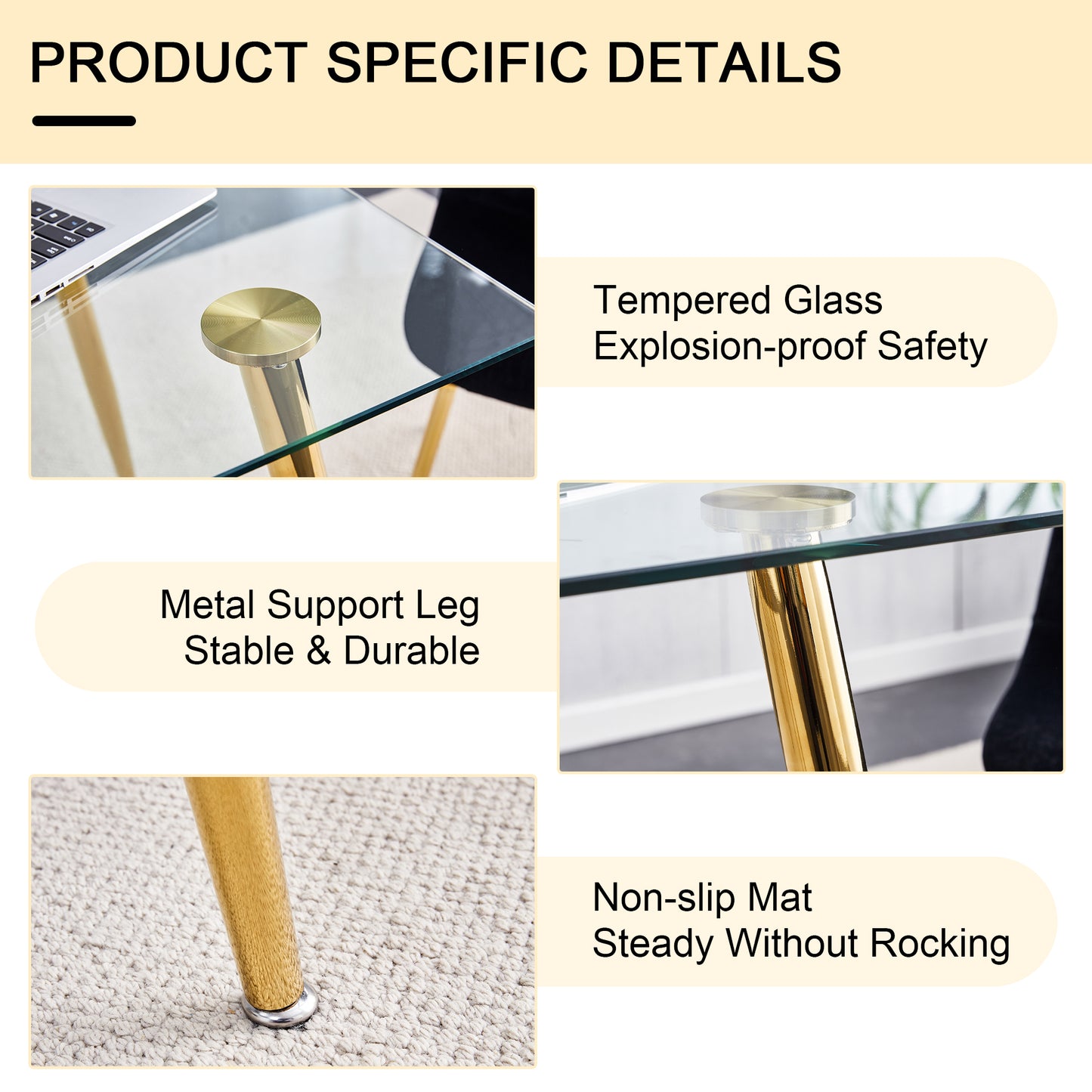 Modern Minimalist Rectangular Glass Dining Table for 4-6 with 0.31" Tempered Glass Tabletop and Golden plating Metal Legs, Writing Table Desk, 51" *31"*30".W1151S03746/W1151S03724 image 11