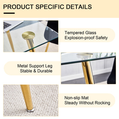 Modern Minimalist Rectangular Glass Dining Table for 4-6 with 0.31" Tempered Glass Tabletop and Golden plating Metal Legs, Writing Table Desk, 51" *31"*30".W1151S03746/W1151S03724 image 11