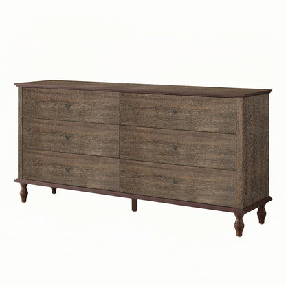 6-Drawer Double Wide Wood Dresser for Bedroom, Deep Brown Burnt Wood Finish Storage Chest with Self-Closing Slides, Metal Copper Handles, Solid Wood Roman Column Legs, Anti-Tip Kit Included image 12