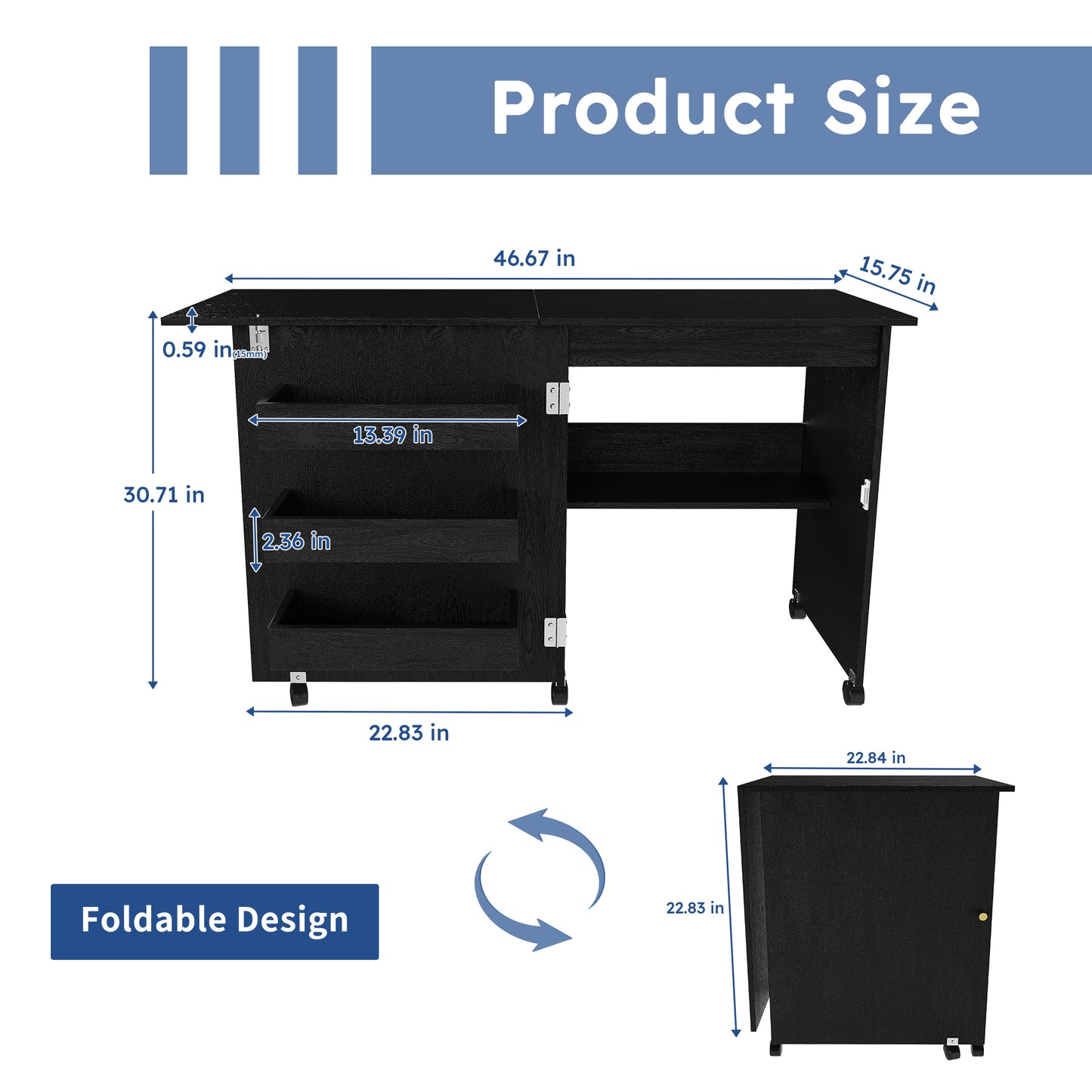 Black 45.67'' 4-in-1 Folding Sewing Table with Lockable Wheels – Multi-Functional Craft Station, End Table, Computer Desk & Kitchen Storage with Shelves, Rolling Sewing Machine Table for Apartments image 11