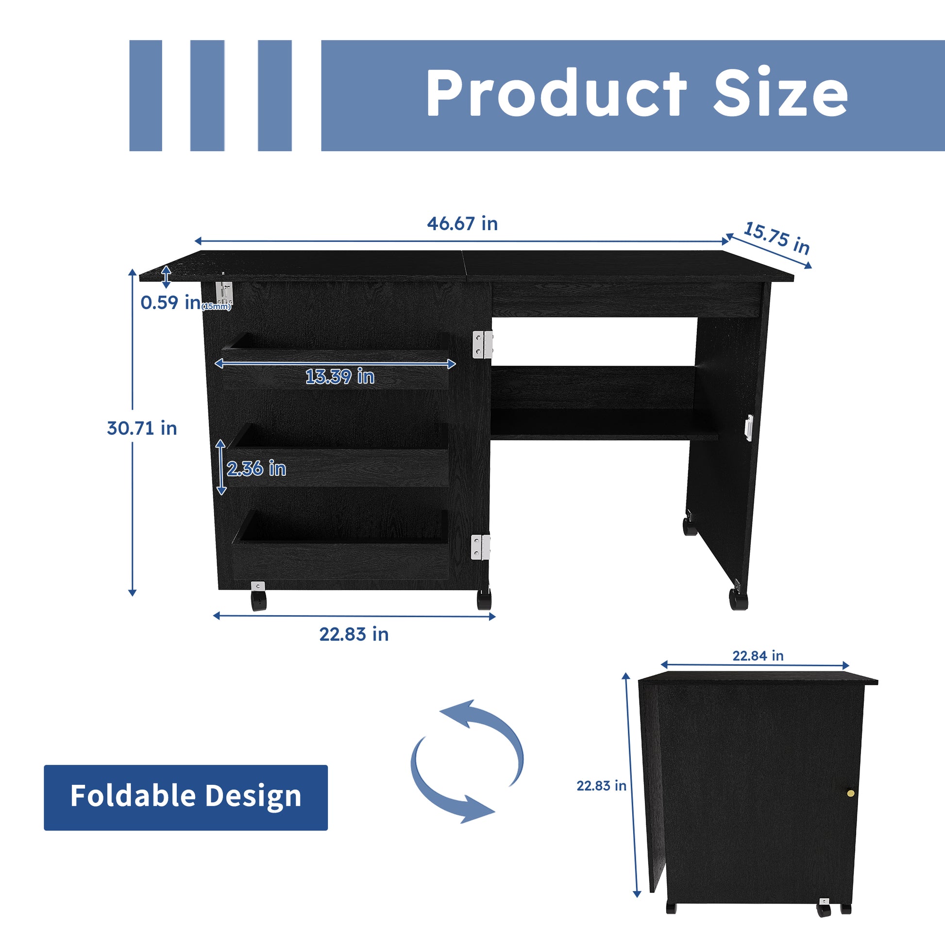 Black 45.67'' 4-in-1 Folding Sewing Table with Lockable Wheels – Multi-Functional Craft Station, End Table, Computer Desk & Kitchen Storage with Shelves, Rolling Sewing Machine Table for Apartments image 11