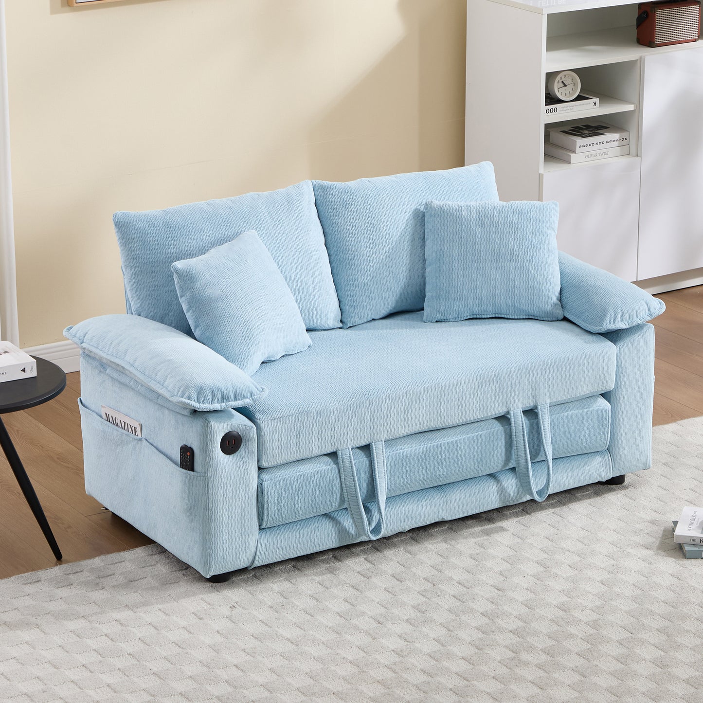 58 inch 3-in-1 Upholstered Futon Sofa Convertible Floor Sofa bed,Foldable Tufted Loveseat with Pull Out Sleeper Couch Bed,Folding Mattres Love Seat Daybed W/Side Pockets for Living Room Blue image 2