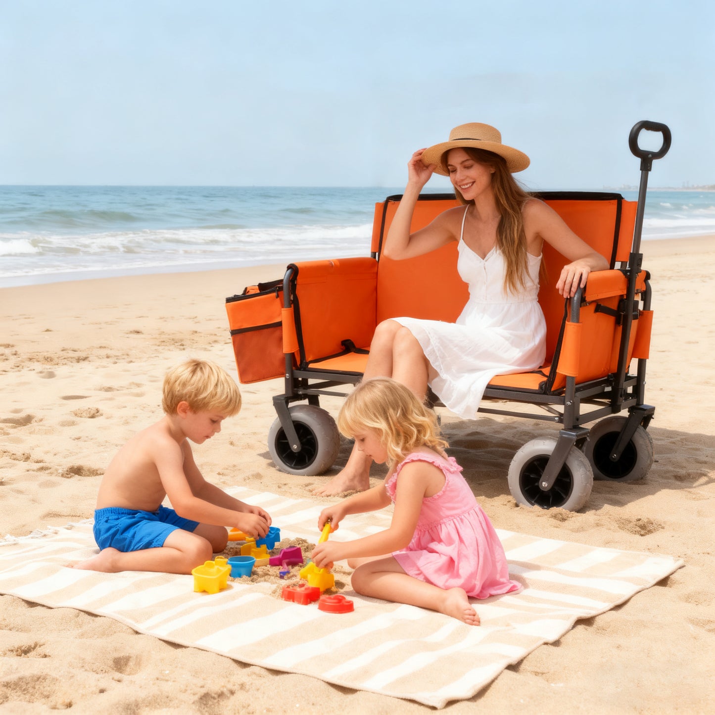 3-in-1 Folding Wagon with Bench Seat – patent protection, Includes 1 ice pack, 500lbs Capacity, 9"x4" Beach Tires for Camping & Beach, orange image 5