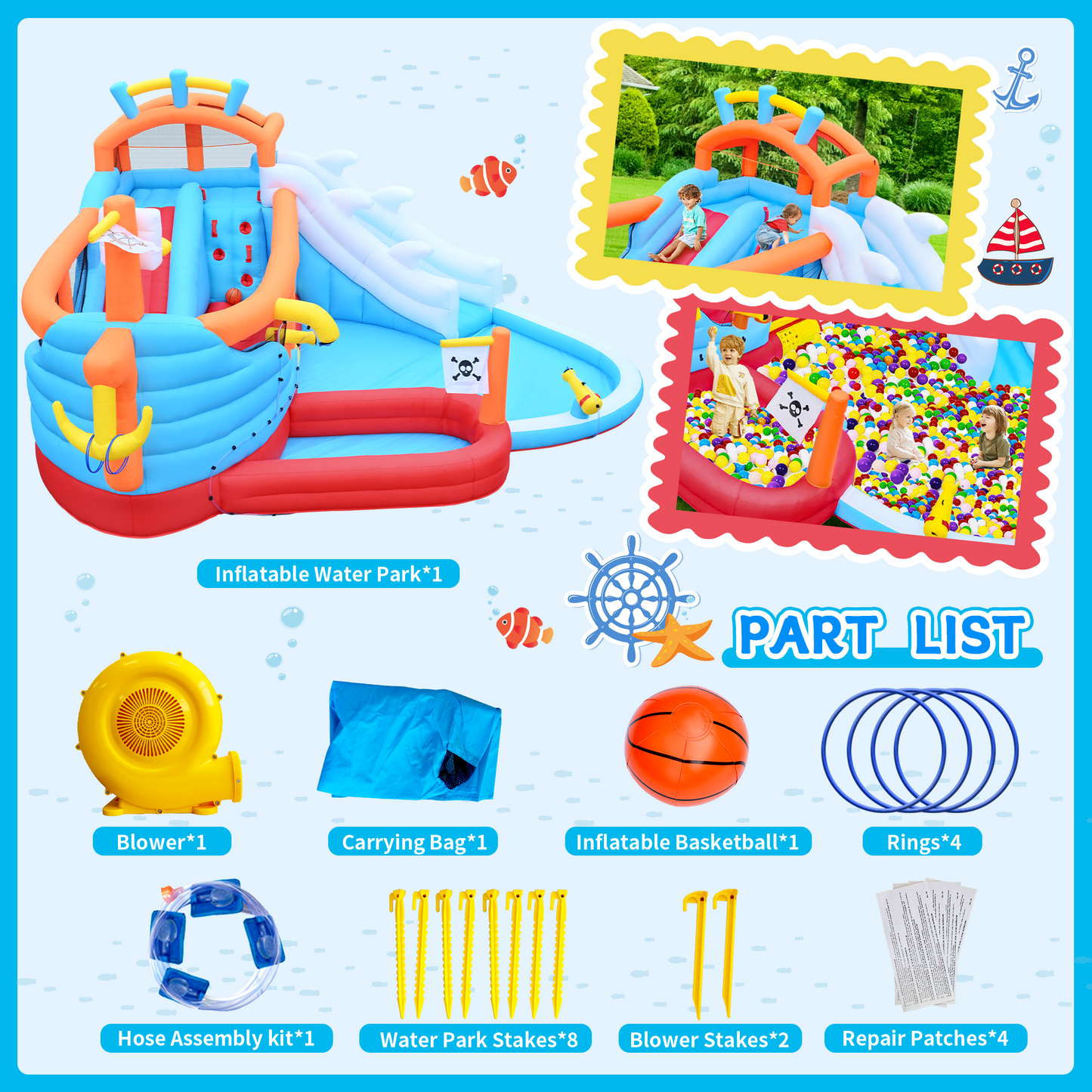 9 in1 Inflatable Slide Water Park Jump Area Dual Slides Climbing Wall Anchor Ring Toss Basketball Hoop Dual Water Guns Shallow and Bathing Poolsfor Kids image 7