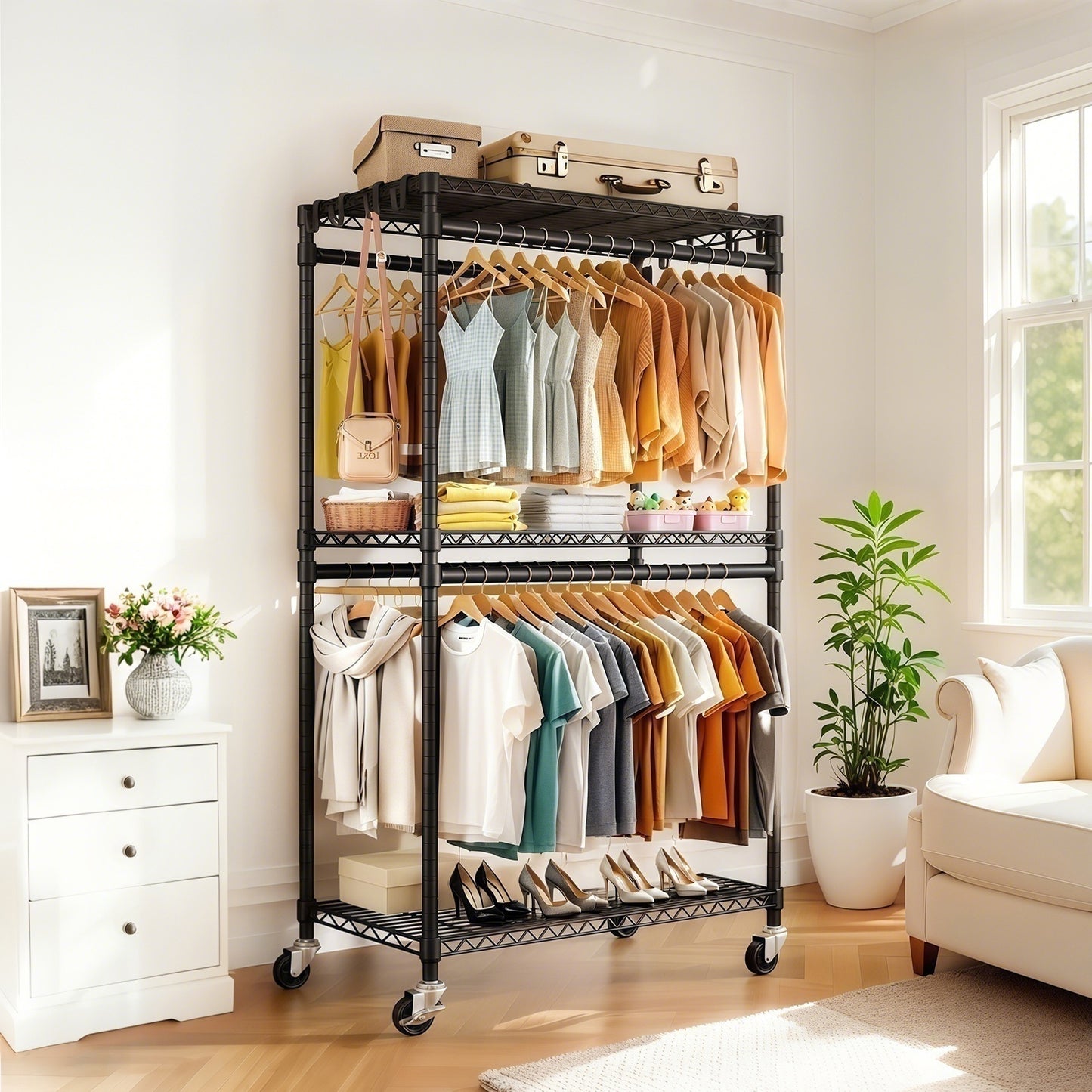 Rolling Clothes Rack, Heavy Duty Clothes Rack with Wheels, 3 Tiers Adjustable Wire Shelving Clothes Rack with 2 Clothes Rails and Side Hooks, Portable Closet Organizer, 35.43''×17.13D''×70.87''H,Black image 8