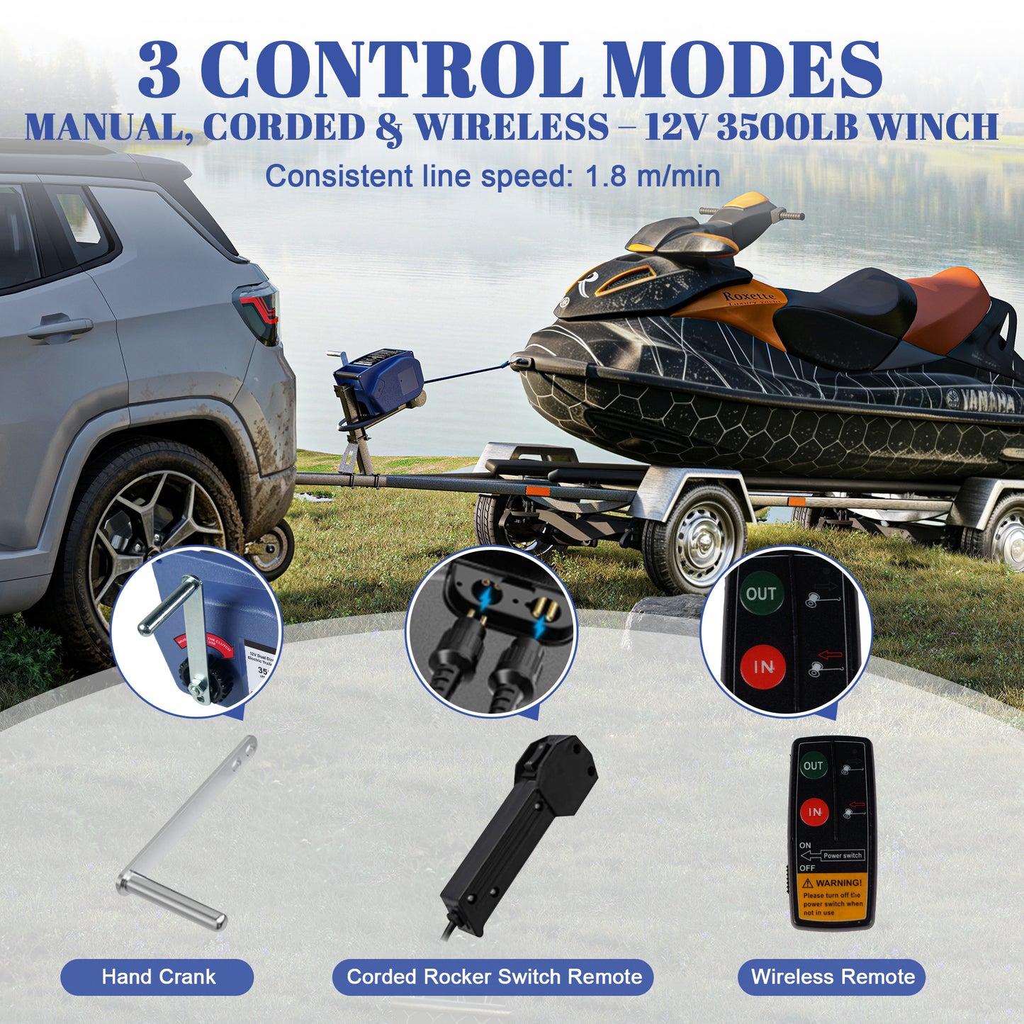 3500lbs Electric Vehicle Winch, 12V DC Portable Trailer Winch with Wireless Remote & Hand Crank, Waterproof Reversible Power-in/Out Marine Winch for Boat Car Truck with Nylon Rope image 4
