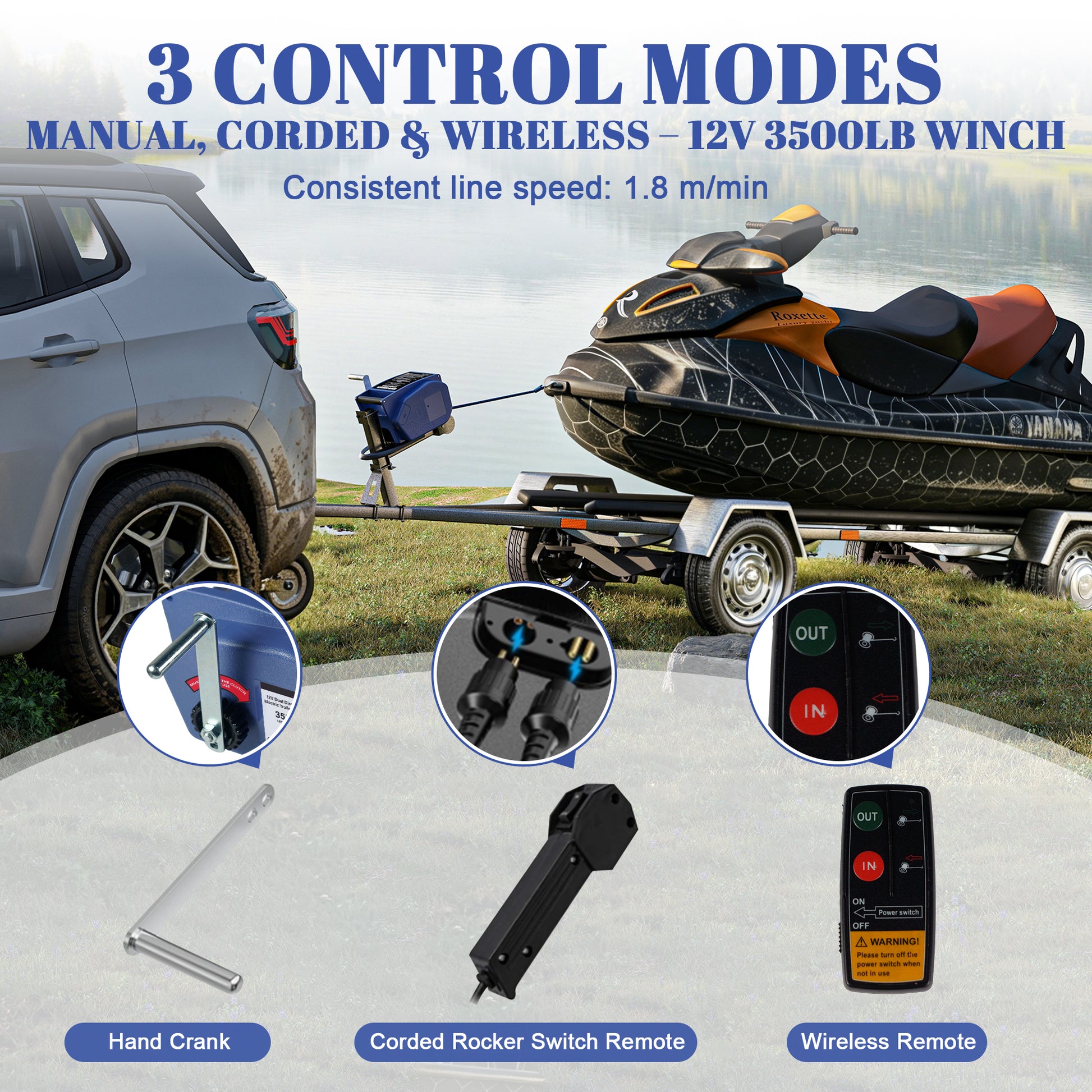 3500lbs Electric Vehicle Winch, 12V DC Portable Trailer Winch with Wireless Remote & Hand Crank, Waterproof Reversible Power-in/Out Marine Winch for Boat Car Truck with Nylon Rope image 4