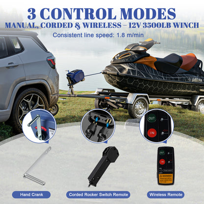 3500lbs Electric Vehicle Winch, 12V DC Portable Trailer Winch with Wireless Remote & Hand Crank, Waterproof Reversible Power-in/Out Marine Winch for Boat Car Truck with Nylon Rope image 4