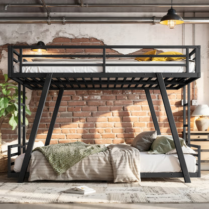 Queen over Queen Bunk Bed with 2 Side Ladders, Metal Bunk Bed with Spdcial Support Leg Design, Low Profile Bunk Bed, Black image 2