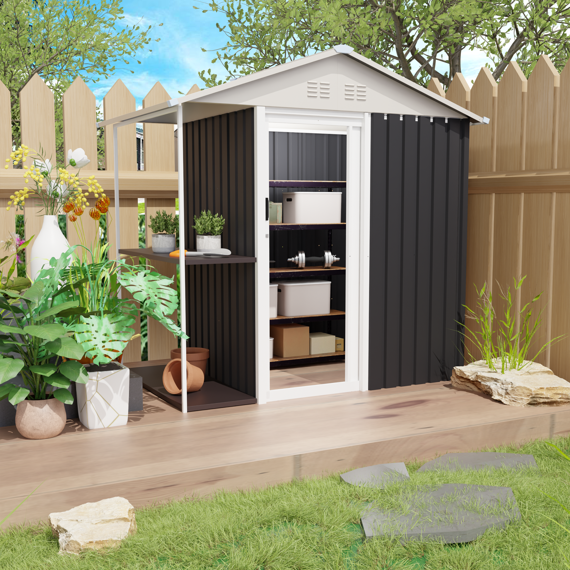 6 x 4 FT Outdoor Storage Shed with Rack Metal Garden Shed with Storage Shelves Bike Storage Tool Cabinet Box for Lawn Backyard Patio Use image 1