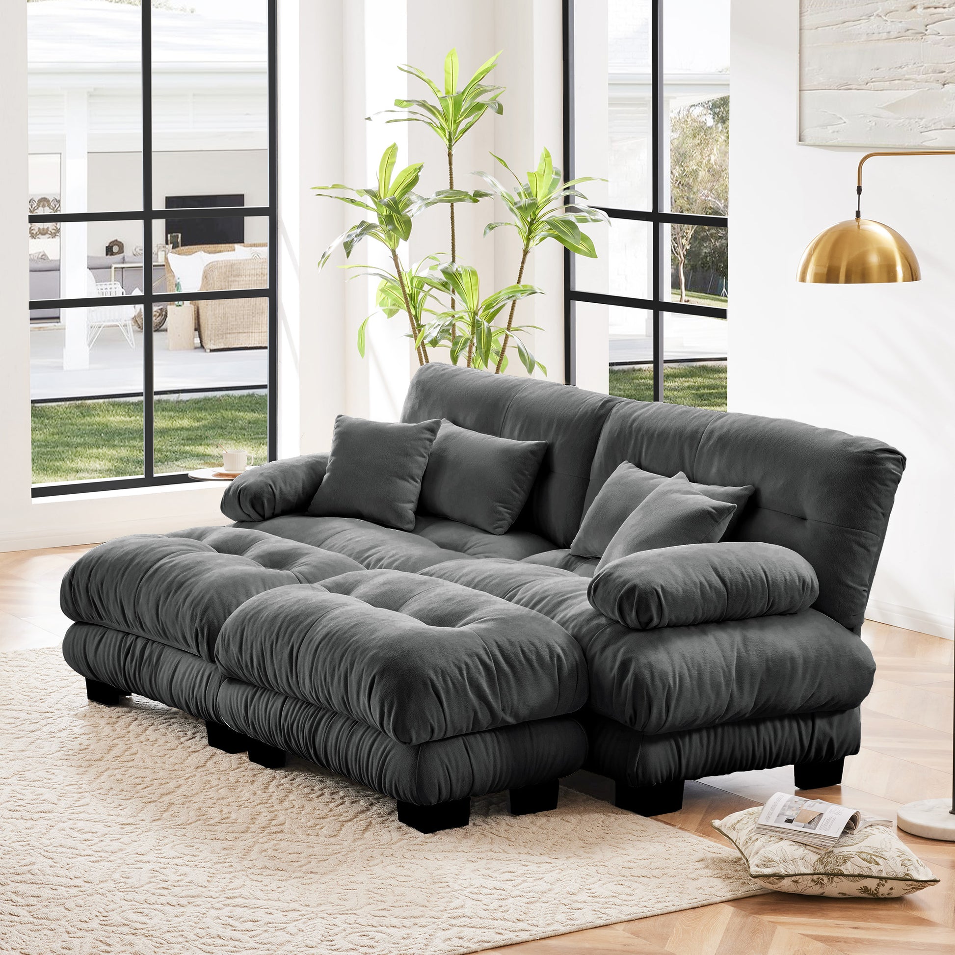 Cloud Couch Sleeper Sofa for Living Room, Chenille 2 Seater sofa with 2 Lumbar pillows and 2 throw pillows, Upholstered Wide Arm Sofa with 2 Ottomans,Chenille Gray image 2