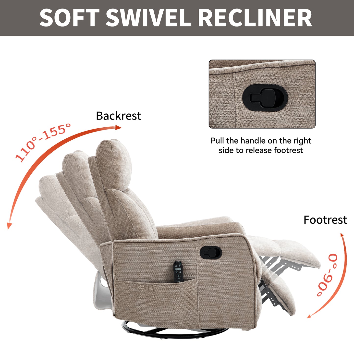 Khaki Heat Massage Manual Recliner Chair with Rocker and Swivel in Fabric for Living Room image 7