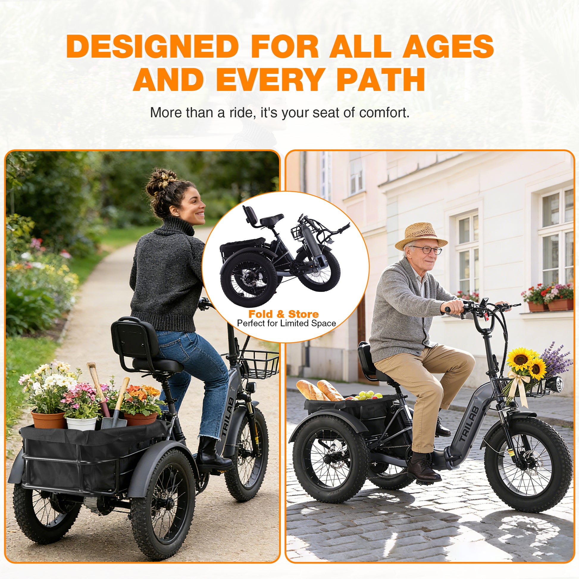Electric Tricycle for Adults, 500W48V Folding Electric Trike, 20"x4.0"Fat Tire 3 Wheel Ebike,Step-Thru Aluminum Frame with Push-Button Reverse, Large Basket for Women Men image 8