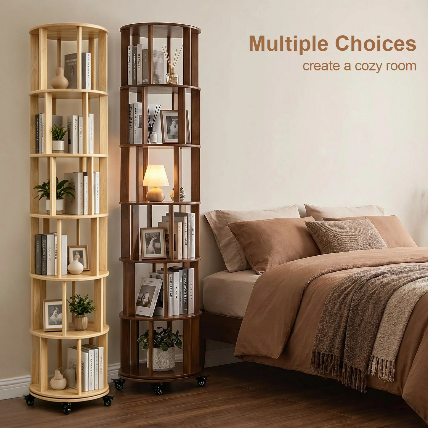 6 Tier Rotating Bookshelf, Solid Wood Rotating Bookshelf Tower with Wheels, 360° Display Round Spinning Bookshelf for Small Spaces, Corner, Bedroom, Living Room, Home, Office, Walnut image 5