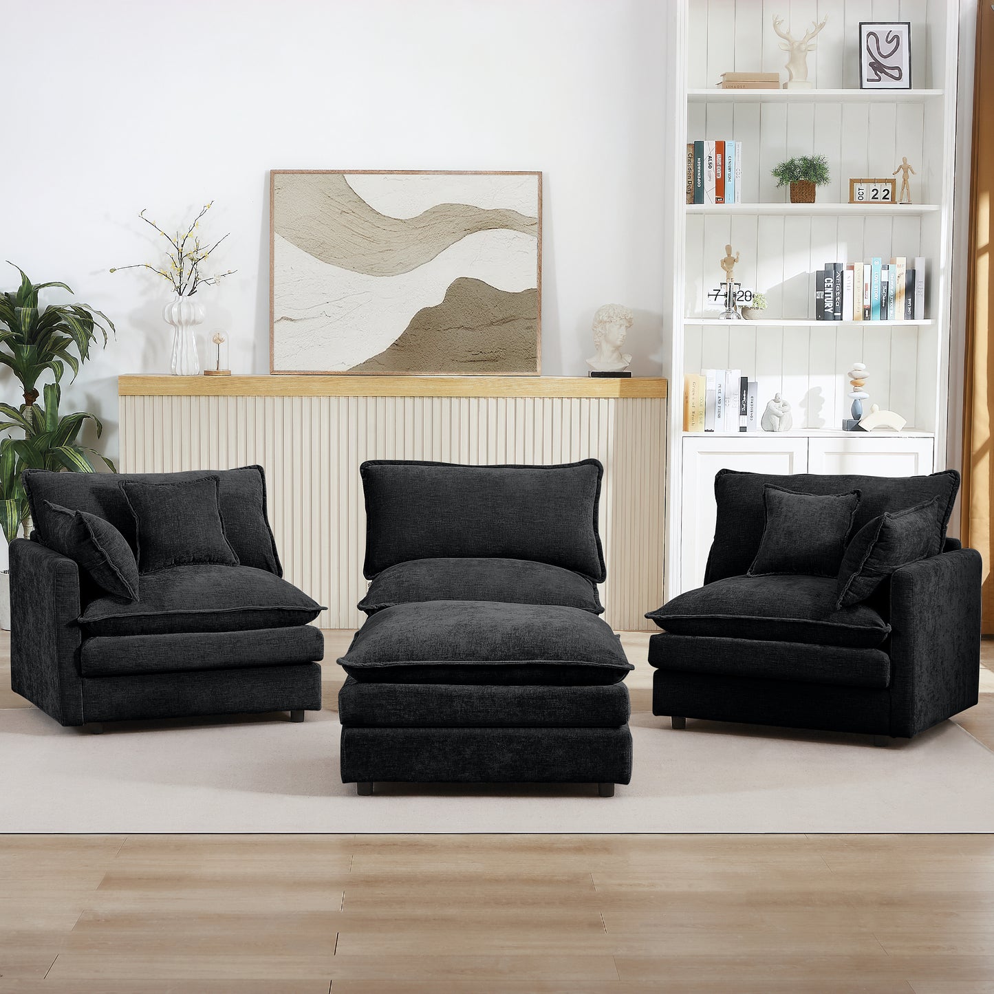 Modular Sectional Sofa, 102 Inch L Shaped Couch Set for Living Room, 3-Seater Comfy Cloud Couches with Movable Ottoman, DIY Combination, Chenille, Black image 7