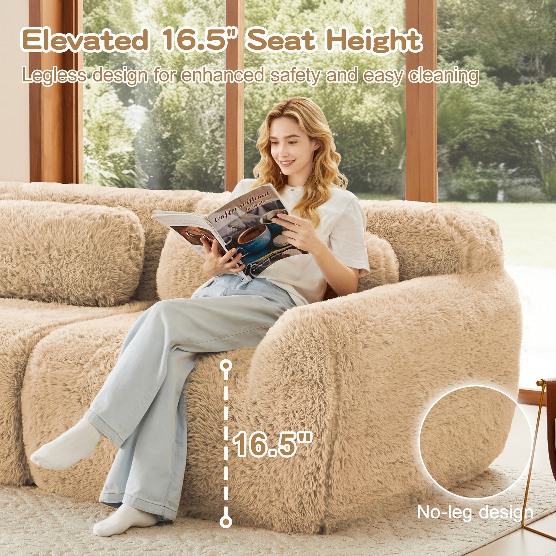 114''Soft And Fluffy Plush Fabric,Modular Sectional Sofa Couches,Ergonomic Design With Throw Pillows,Full-compression Vacuum Packaging Buckle Connection For Study,Home Theater,Light Khaki image 6