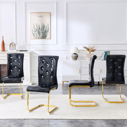 Set of 4,Retro alligator skin Upholstered dining chairs,with Crystal buckle design and Faux Leather design,a touch of elegance and mystery to the dining area,Gold plated metal bow leg image 3