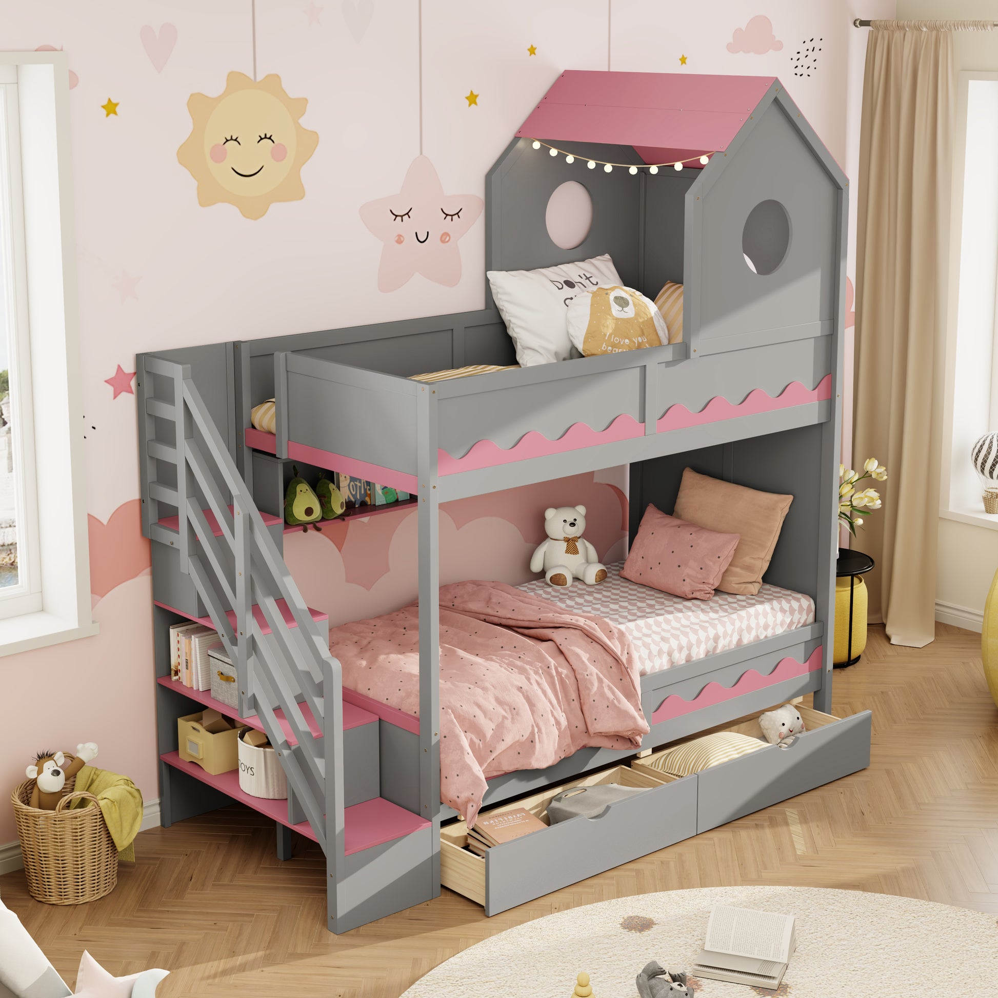 Twin Over Twin Bunk Bed with House-Shaped Roof and Storage Stairs, Wooden House Bed Frame with 2 Under-bed Drawers,Shelves,LED,Gray image 1