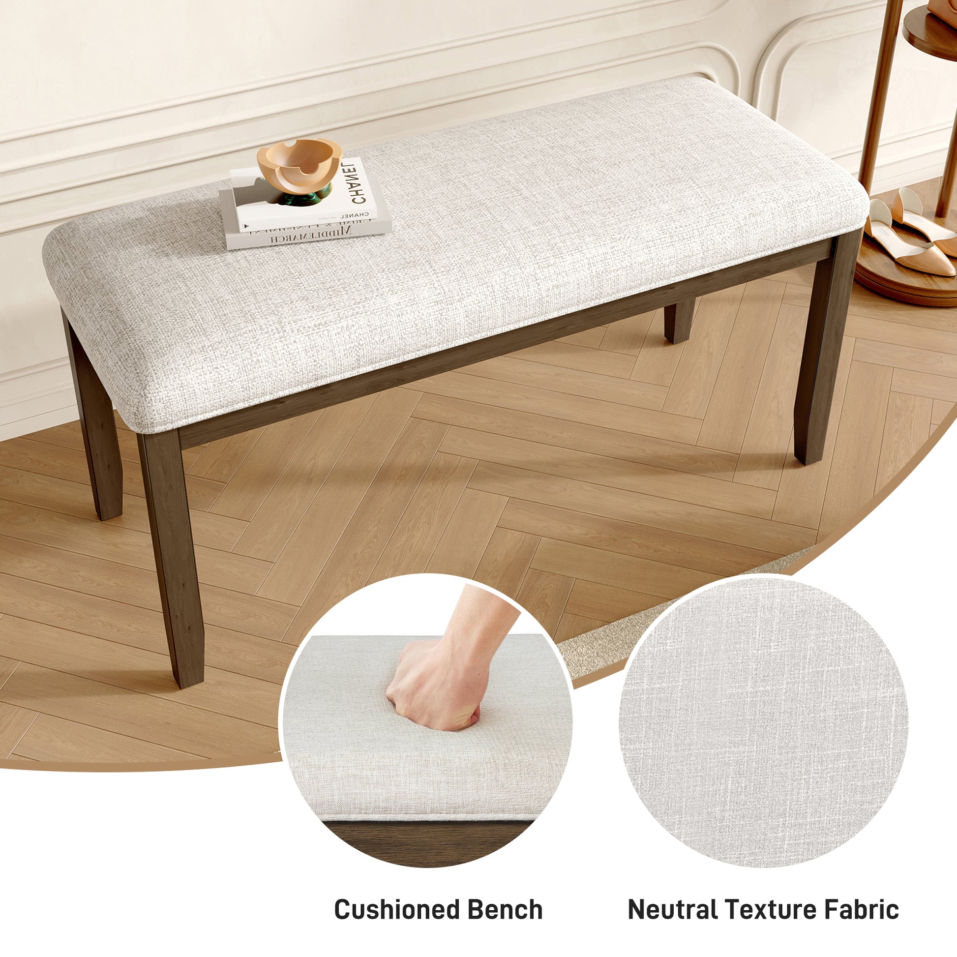 Upholstered Bench for Bedroom End of Bed,38-inch Entryway Bench for Living Room,Dining Bench with Padded Seat and Solid Wood Leg for Kitchen Bedroom,Indoor and Hallway (Bench, Beige+Brown) image 4