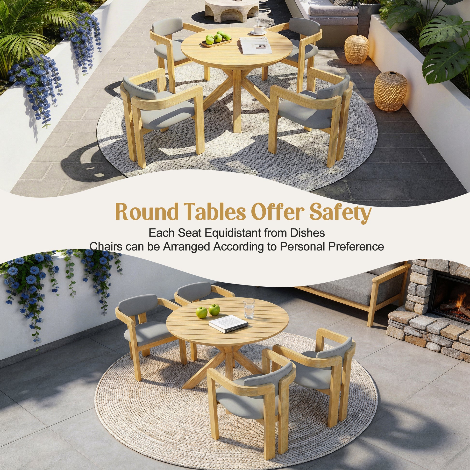 5-Piece Outdoor Acacia Wood Round Dining Set, Solid Wood Patio Table with 4 Barrel Chairs, Cushioned Seats & Backs, Modern Garden Conversation Set, Gray Cushion image 8