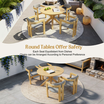 5-Piece Outdoor Acacia Wood Round Dining Set, Solid Wood Patio Table with 4 Barrel Chairs, Cushioned Seats & Backs, Modern Garden Conversation Set, Gray Cushion image 8