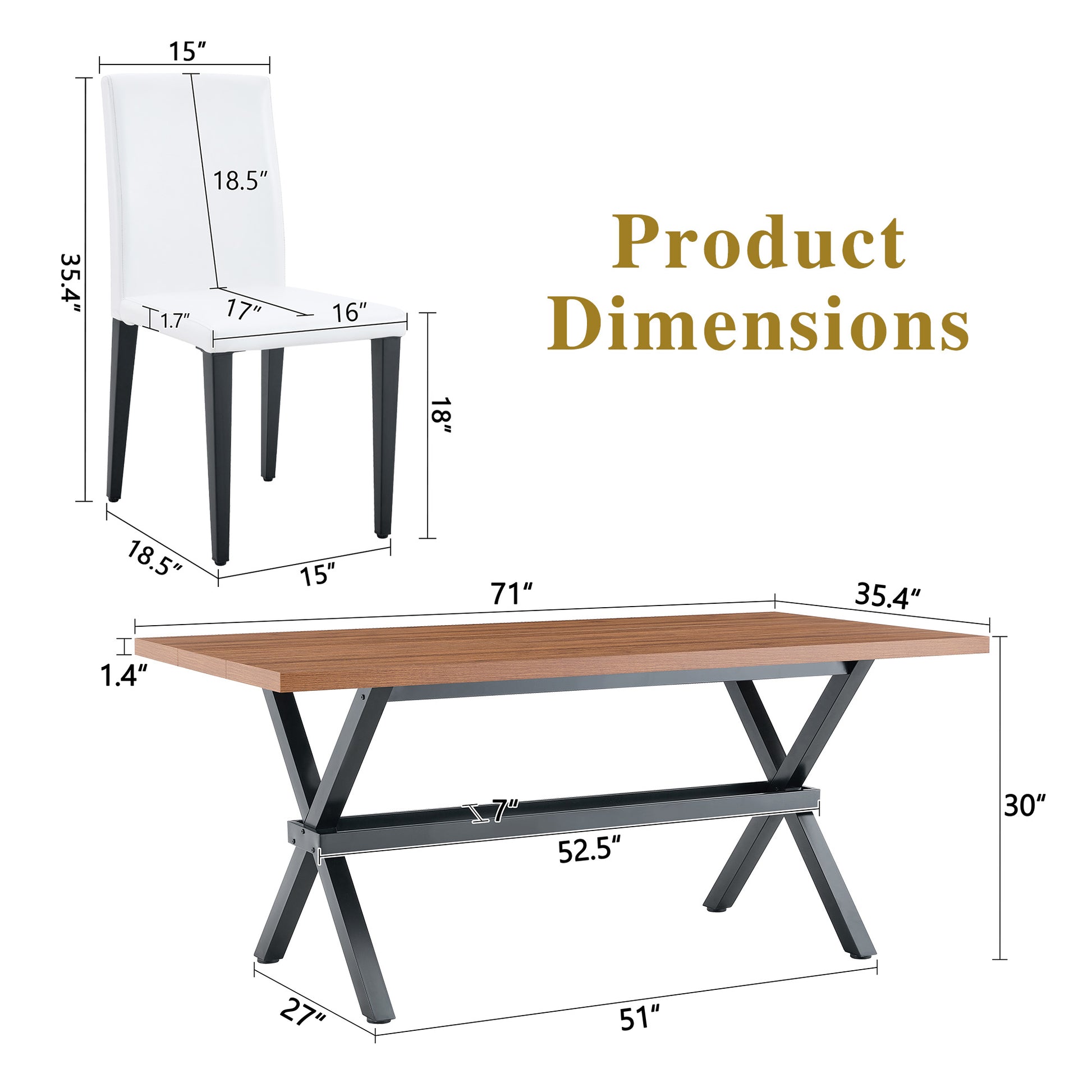 Table and chair set. 71 * 35.4 inch walnut MDF splicing desktop with X-shaped metal frame dining table.Includes 6 white PU dining chairs With Black Metal Legs.Making it an ideal choice for home. image 4