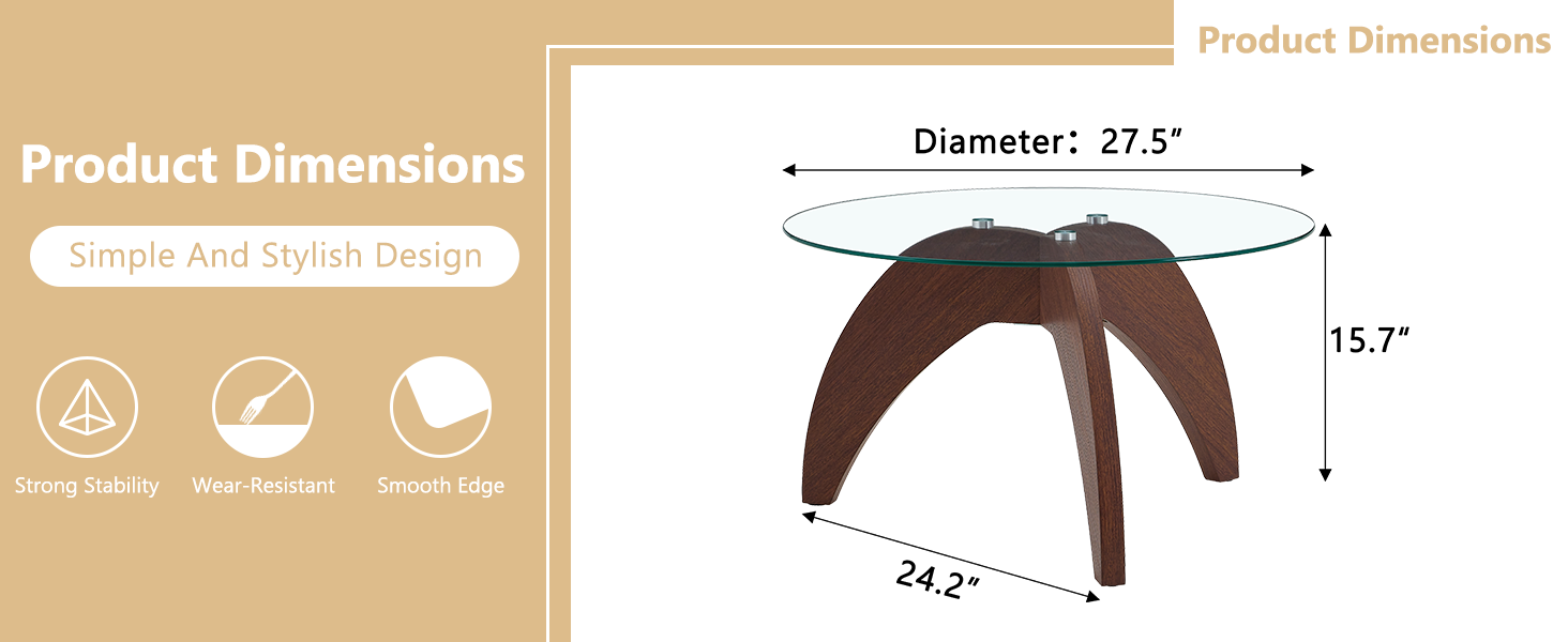Creative claw-style triangular-leg round coffee table, approximately 27.5 inches in diameter, featuring a clear tempered glass top and walnut-colored MDF. Perfect as a living room coffee table,etc. image 8