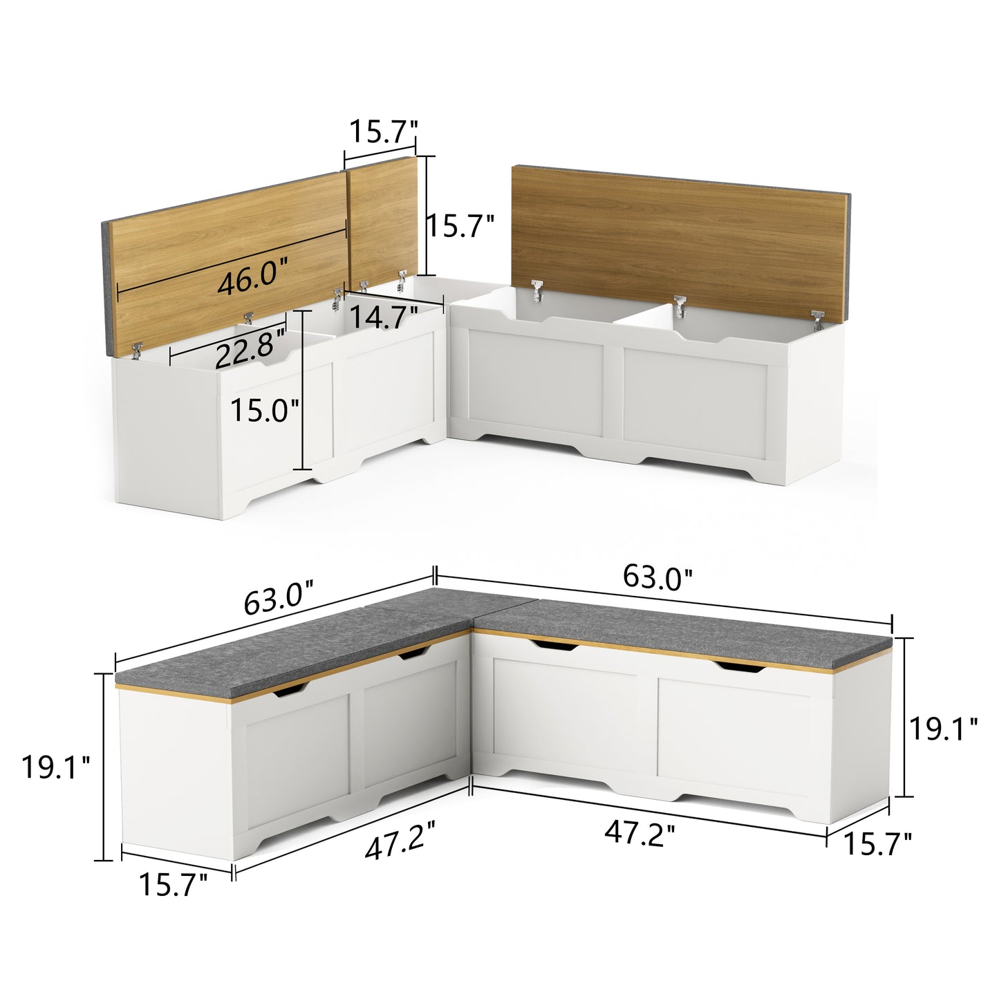 3-Piece L-Shaped Multi-Functional Storage Bench with Cushion, serving as a kitchen corner bench, toy storage box, or reading nook seat., White and Natural, 63"D x 63"W x 19.1"H image 12