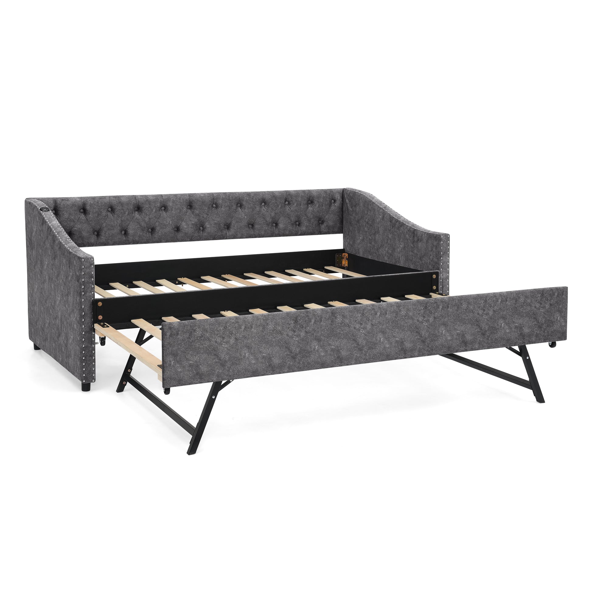 Twin Size Daybed with USB Charging & Pull-out Extendable Bed, with Button on Back and Copper Nail on Waved Shape Arms (81"x42"x30.75") image 12