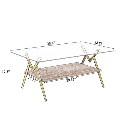 Rectangle Coffee Table with Tempered Glass top and Golden Metal Legs, Modern Table for Living Room, Transparent Glass image 6