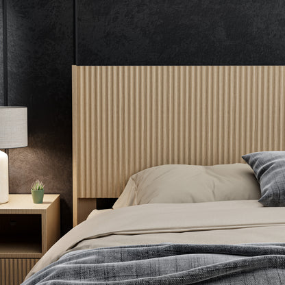Modern Farmhouse Wood Headboard King Size 80.2 in Wide Wall Mounted Fluted Panel Wingback - Natural oak image 3