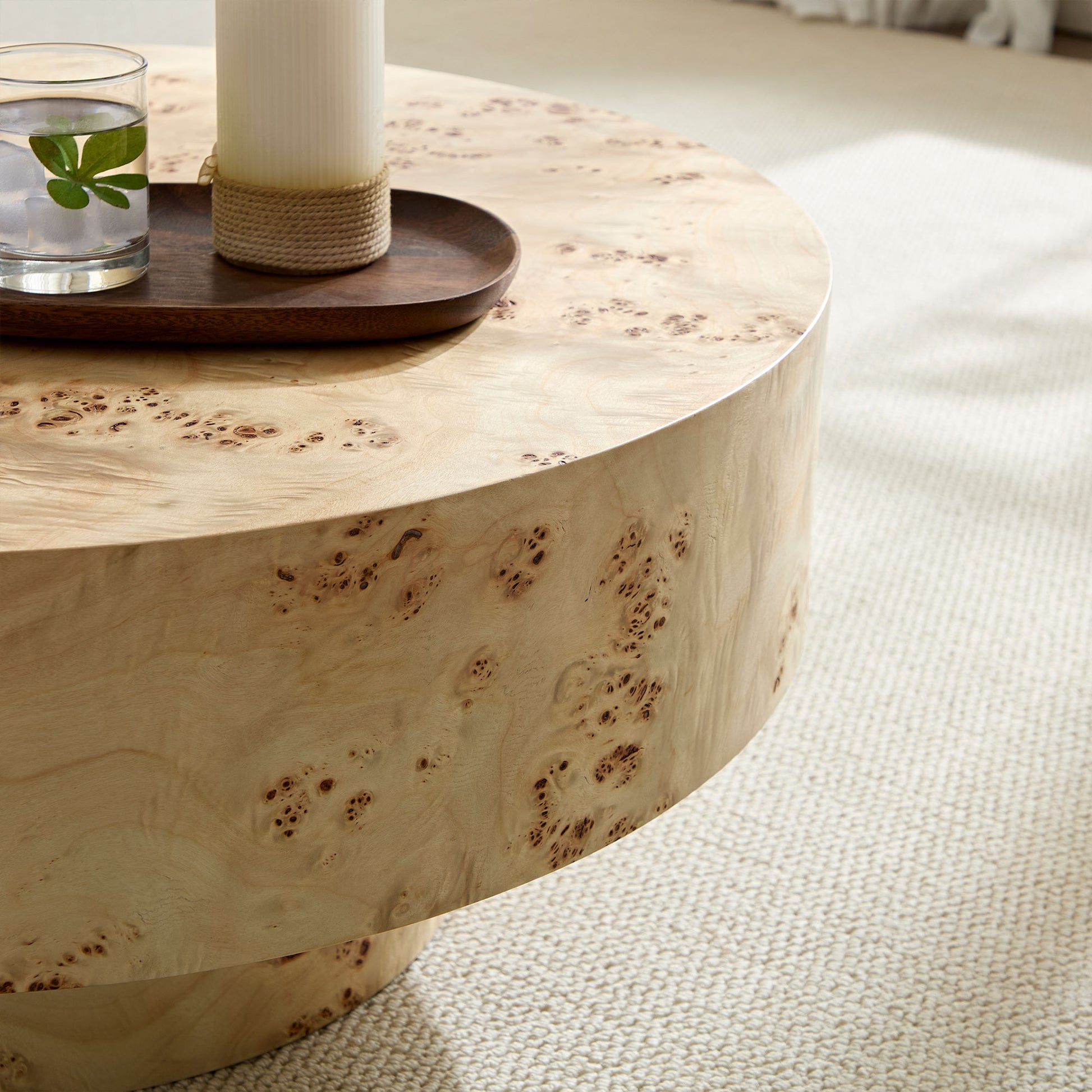 31.49''Mid Century Modern Round Wood Coffee Table with Burl Wood Veneer and Sturdy Pedestal for Living Room Office Apartment image 7