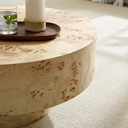 31.49''Mid Century Modern Round Wood Coffee Table with Burl Wood Veneer and Sturdy Pedestal for Living Room Office Apartment image 7