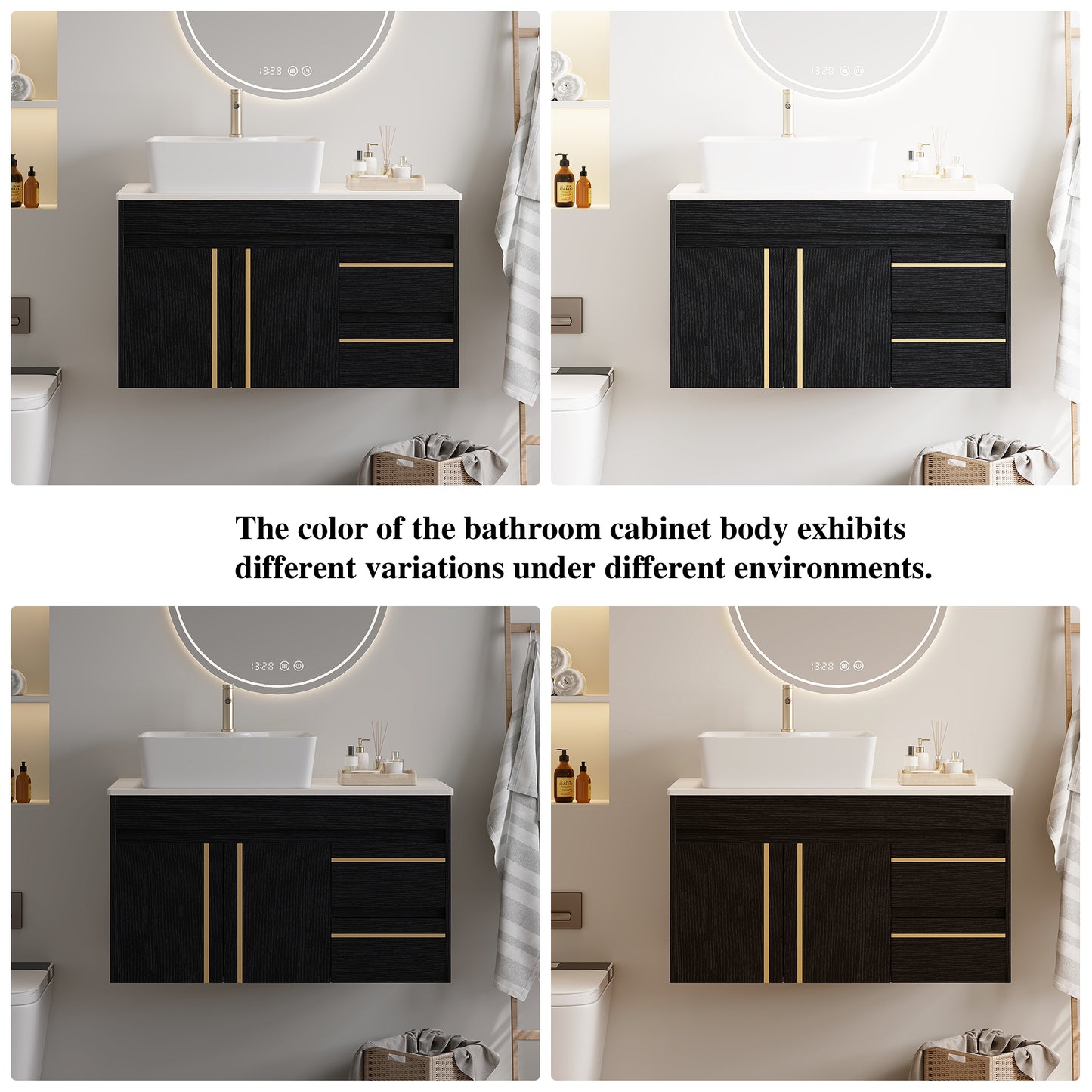 36" Wall-Mounted Bathroom Vanity with Vessel Ceramic Sink & Plywood Countertop – Soft-Close Door & Drawers, Floating Design image 11
