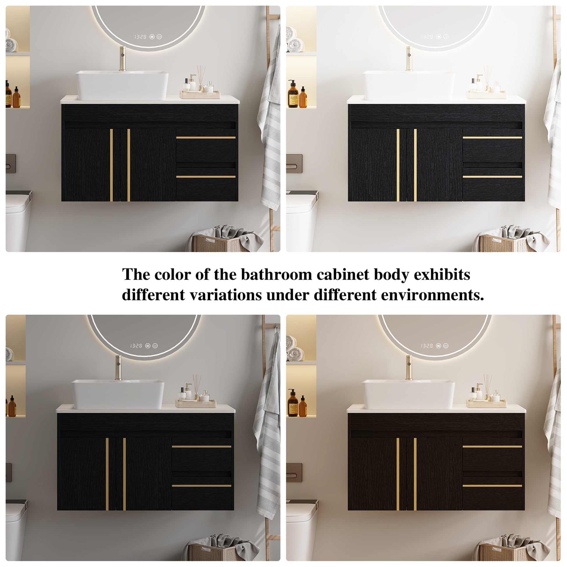 36" Wall-Mounted Bathroom Vanity with Vessel Ceramic Sink & Plywood Countertop – Soft-Close Door & Drawers, Floating Design image 11