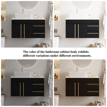 36" Wall-Mounted Bathroom Vanity with Vessel Ceramic Sink & Plywood Countertop – Soft-Close Door & Drawers, Floating Design image 11