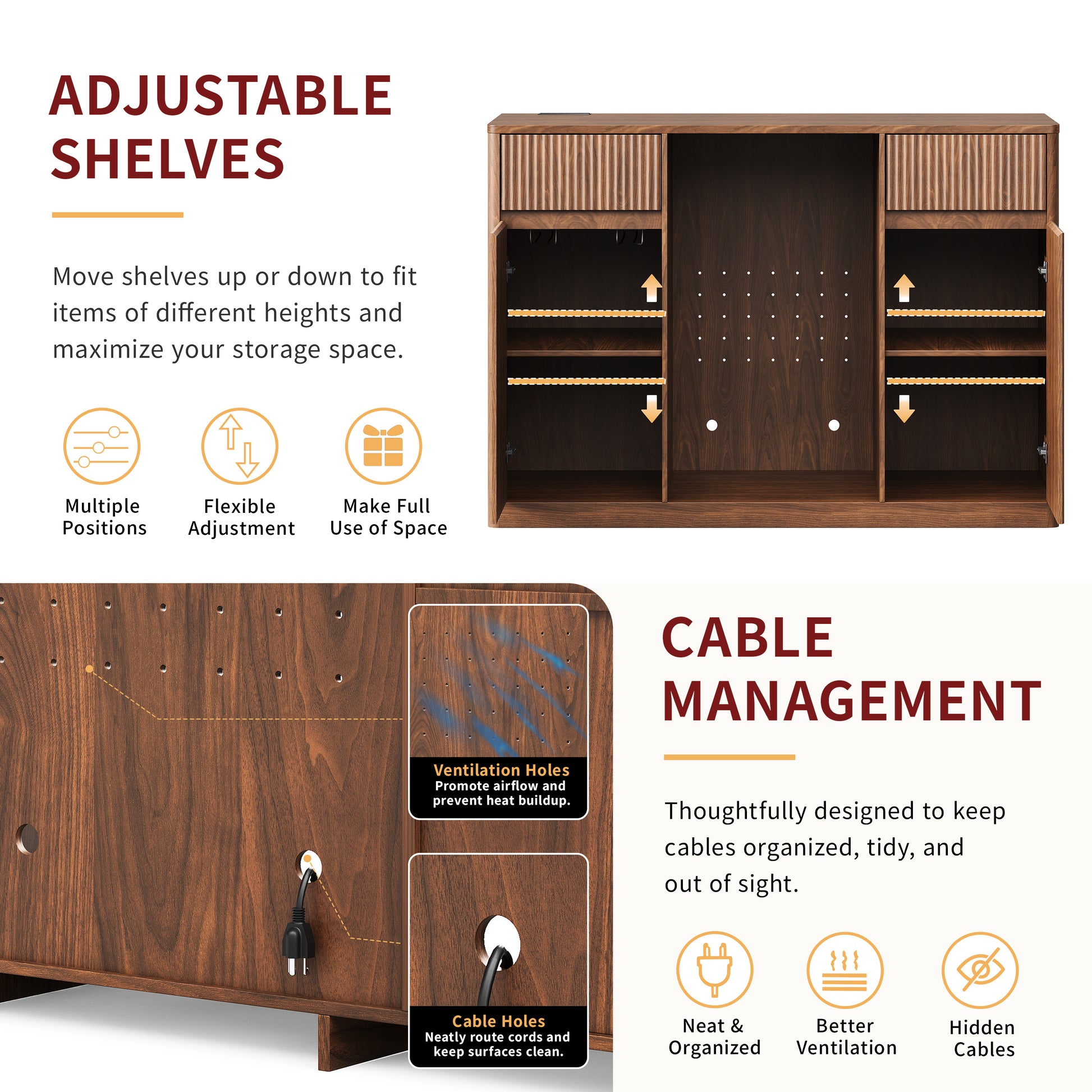 53.2"Fluted Buffet Wine Cabinet with Mini Fridge Nook(Fridge Not Included), Charging Station&Adjustable Shelves, Sideboard Storage Cabinet for Kitchen Living Room,Walnut image 10
