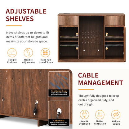53.2"Fluted Buffet Wine Cabinet with Mini Fridge Nook(Fridge Not Included), Charging Station&Adjustable Shelves, Sideboard Storage Cabinet for Kitchen Living Room,Walnut image 10