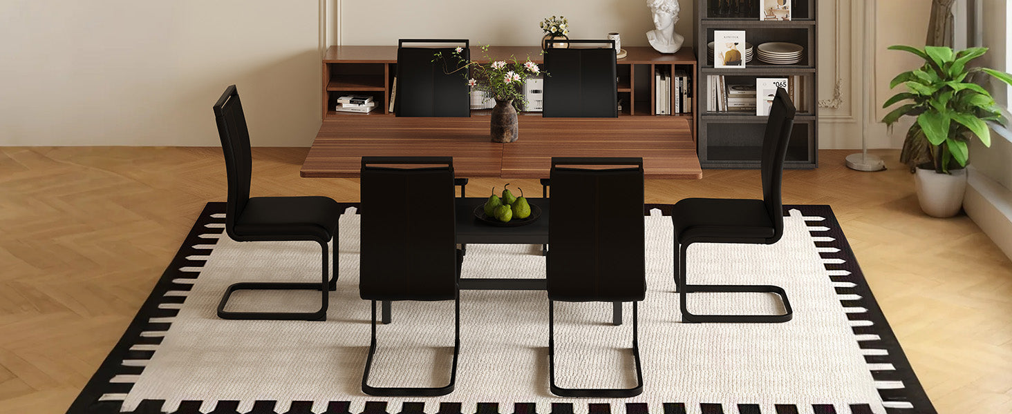 Table and chair set.71 inch long fashionable walnut grain dining table, a practical choice to add color to the home.Paired with 6 Black PU Chairs With C-tube Black Metal Chair Legs. image 11
