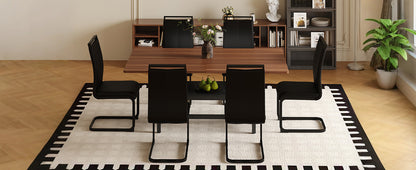 Table and chair set.71 inch long fashionable walnut grain dining table, a practical choice to add color to the home.Paired with 6 Black PU Chairs With C-tube Black Metal Chair Legs. image 11