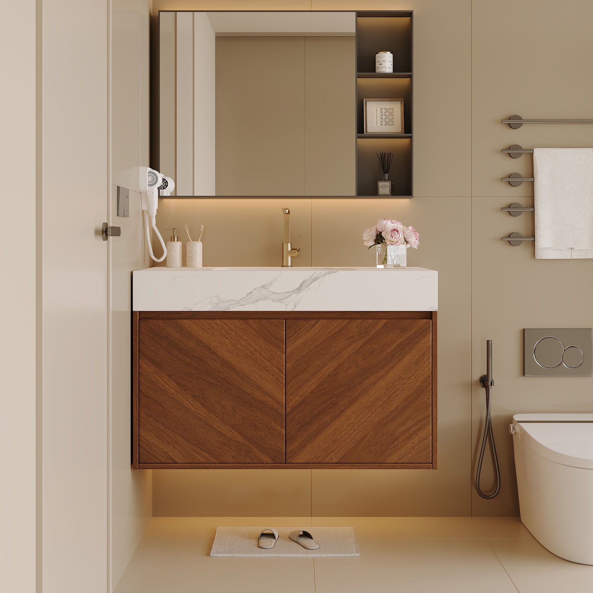 30" Modern Wall-Mounted Bathroom Vanity with Ceramic Sink – Brown Oak, Soft-Close image 1