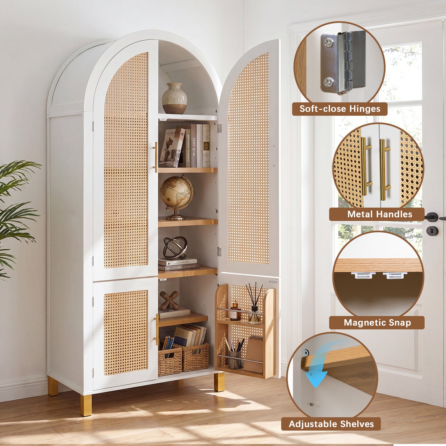 71" Tall Arched Cabinet with Rattan Doors & Adjustable Shelves,4 Doors Modern Farmhouse Storage Cabinet with Built-in Racks for Kitchen, Dining Room, Study, White image 7